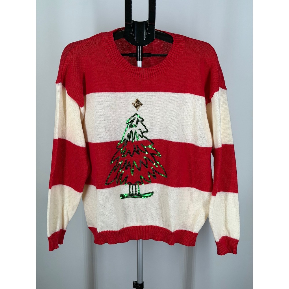 BiBi Womens XL Red Cream Striped Sequin Christmas Tree Sweater